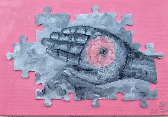 0403 - "Rosa" 20x30 cm Öl auf Puzzleteilen