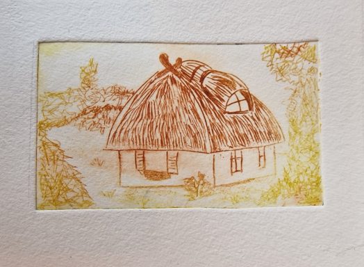 0295 Radierung "Strandhaus" sepia-gelb 0295 Radierung "Strandhaus" sepia-gelb